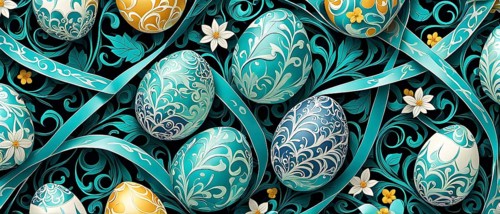 A whimsical abstract pattern with intertwined ribbons, eggs, and floral motifs, with a mix of sharp