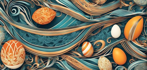 A whimsical abstract pattern with intertwined ribbons, eggs, and floral motifs, with a mix of sharp