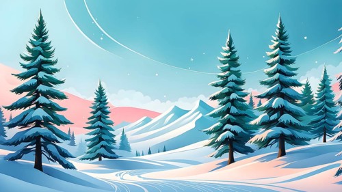 Abstract winter wonderland with minimalist stylized pine trees and snowdrifts using soft pastel