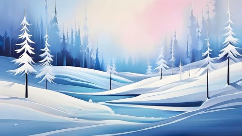 Abstract winter wonderland with minimalist stylized pine trees and snowdrifts using soft pastel