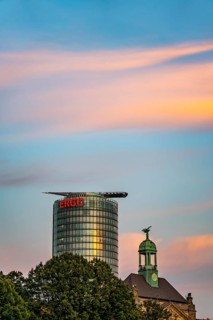 ERGO Versicherung building, tower of the Düsseldorf district government building, sunset, downhill