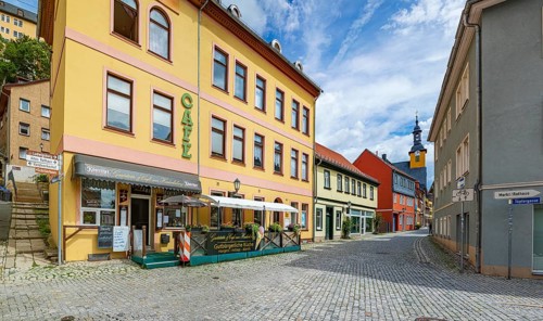 Stiftsgasse with view of the Old Town Hall in Rudolstadt, Thuringia, Germany, Europe