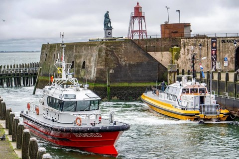 The Belgian pilot boat Schoneveld, enters the Pilot Boat harbour of Vlissingen, in the