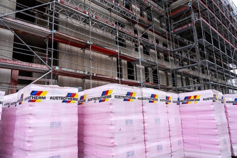 New construction, shell construction, thermal insulation, material waiting to be installed on the