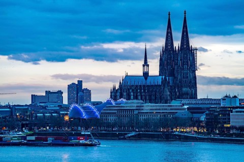 Skyline of Cologne, with the cathedral, Musical Dome theatre, on the Rhine, North Rhine-Westphalia,