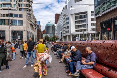 Grote Marktstraat, shopping street, long bench, pedestrian zone, in the city centre of The Hague,