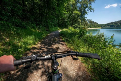 The Hennesee, Hennetalsperre in the Sauerland, cycling around the lake, Hochsauerlandkreis, near