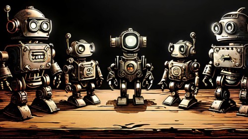 Team of robots styled as vintage toys poised atop an antique wooden table, AI generated