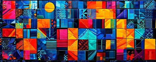Abstract geometric patchwork illustration with vibrant intersecting geometric shapes filled with