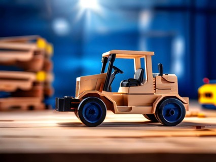 Vintage wooden forklift toy with a playful design in front of blurred background, AI generated