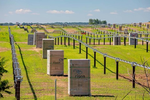 Albion, Michigan, Construction of a solar farm by AES Corporation. Boxes of solar panels from Risen
