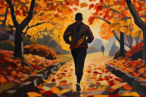 Wallpaper illustration of a jogger running through a park in vibrant autumn colors, AI generated