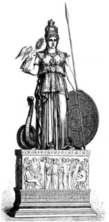 Pallas Athena, goddess of the city of Athens, jewellery, crown, statue with pedestal, snake, lance,