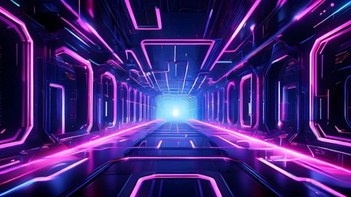 Abstract geometric pattern tunnel structure embodying data streams and communication in magenta