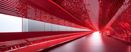 Abstract geometric pattern tunnel structure embodying data streams and communication in red hues,