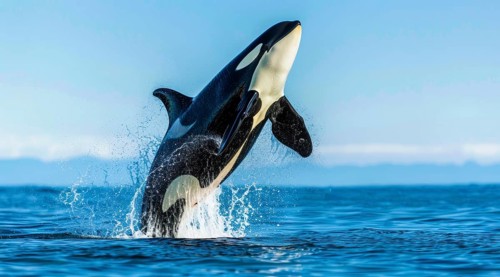 A large orca whale is leaping out of the water. Concept of animal conservation and grace, AI