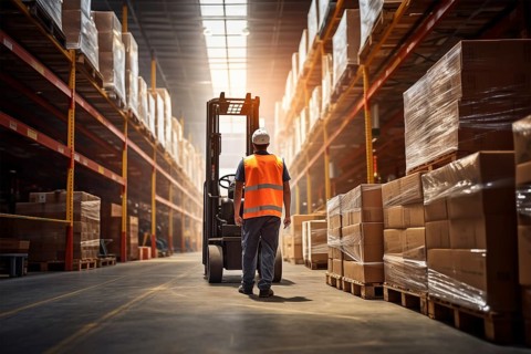 A worker in a reflective vest operates a forklift in a well-lit warehouse, navigating through