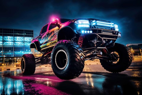 Monster truck illuminated by neon lights, excitement and thrill of an extreme sport and