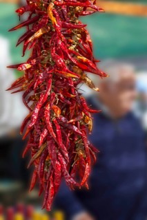 Market stall with dried, threaded chilli peppers, Majorca, Balearic Islands, Spain, Europe