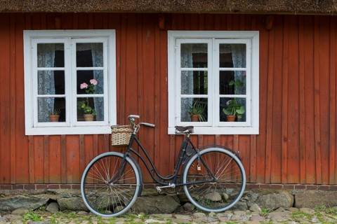 Old wooden window and bicycle, ladies bicycle, farmhouse, decoration, window, historic, old, old,