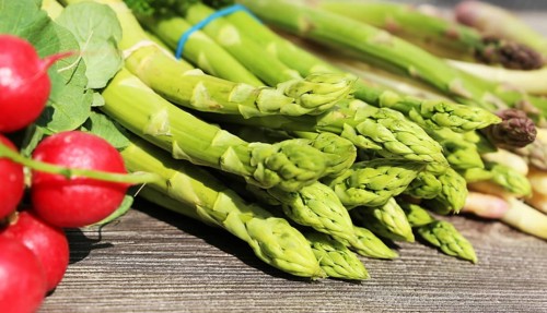 Green asparagus and white asparagus decorated on a rustic wooden table