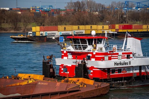 Cargo ships on the Rhine near Duisburg, push boat Herkules II, push convoy, brings coal and other