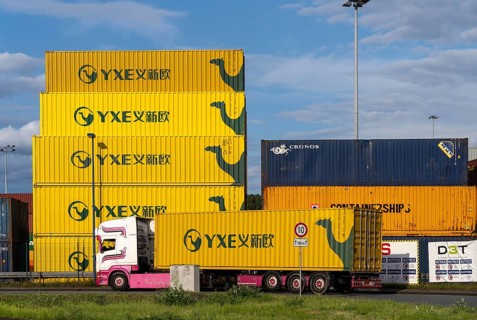 Container of the Chinese goods train operator YXE from Yiwu, China, part of the Silk Road route