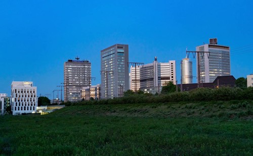 Skyline of Essen city centre with various administrative buildings and headquarters of large
