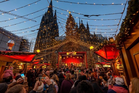 Christmas market on Roncallli Square, right next to Cologne Cathedral, in the historic centre of