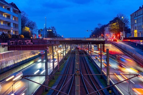 The Hausackerbrücke, inner-city road bridge over the A40 motorway and the U18 light rail line,