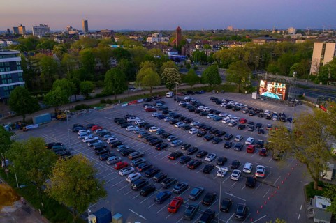 Temporary drive-in cinema, in the car park in front of Messe Essen, Grugahalle, large LED screen,