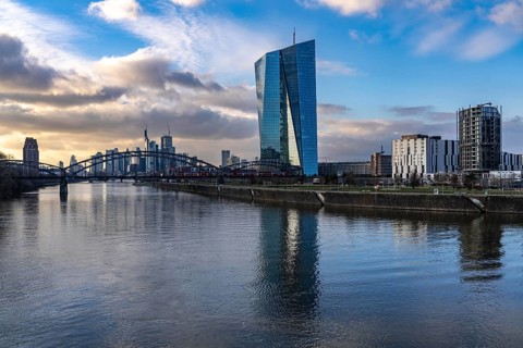 Skyline of the city centre of Frankfurt am Main, river Main, building of the European Central Bank,