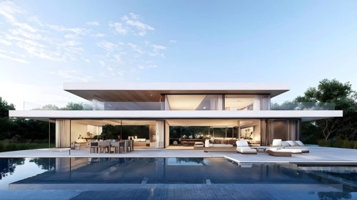3d render of a modern sustainable house with a swimming pool, AI generated