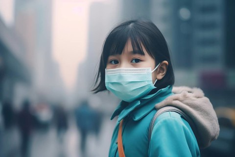 Young Asian woman with medical face mask protecting her from air pollution with blurry city covered