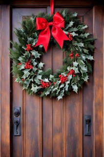 Classic holiday wreath with frosted holly leaves hanging on a rustic wooden door, AI generated