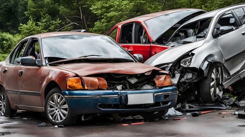 Close-up of damaged car wrecks after a road accident, AI generated