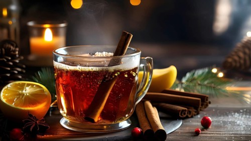 Steaming apple cider in a glass mug, garnished with a cinnamon stick and star anise, surrounded by