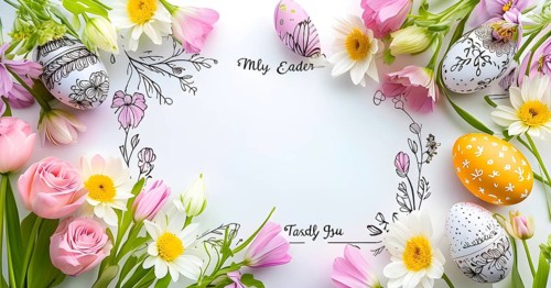 Easter card with delicate hand-drawn illustrations, placed among fresh flowers and decorated eggs,