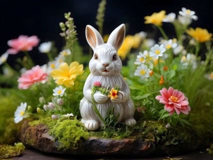 Vintage porcelain rabbit figurine surrounded by small, colorful spring flowers and soft moss, AI