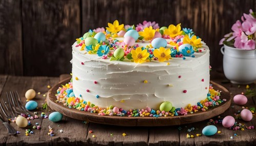 Decorated Easter cake with intricate icing flowers and colorful sprinkles, placed on a rustic