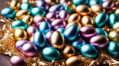Small chocolate Easter eggs wrapped in shiny foil, placed on a bed of shredded pastel-colored
