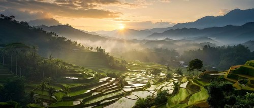 Early morning light bathes Philippines rice terraces cascading down mountain slopes, AI generated