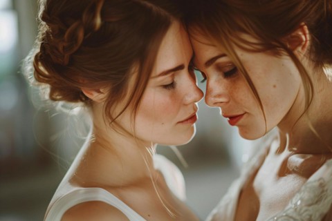 Portrait of happy couple of lesbian brides in wedding dresses facing each other. KI generiert,