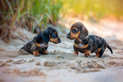 Two cute Dachshund pups looking at each other, AI generated