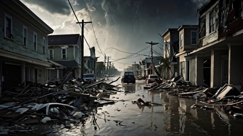 Aftermath of a hurricane ravaging a coastal city with ruins of buildings, AI generated