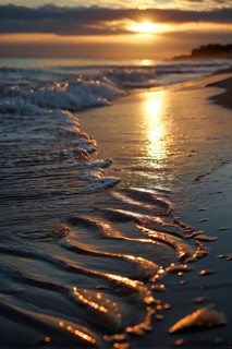 Sunset mood on a whispering tranquil costal landscape with sandy beach, AI generated