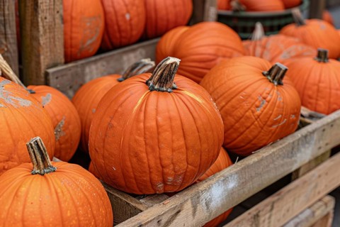 Orange pumpkins in crate at market. Generative Ai, AI generated