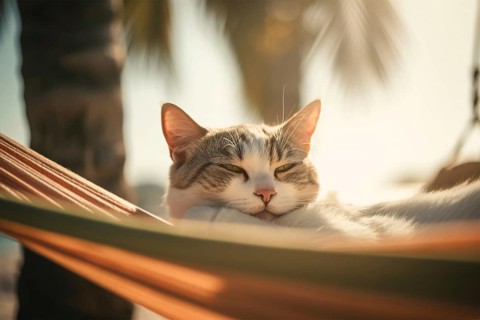 Cat relaxing in hammock at tropical beach. KI generiert, generiert AI generated