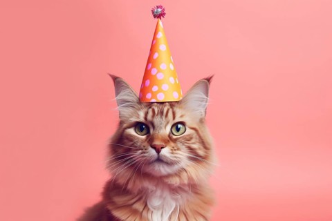 Cat with birthday party hat in front of pink background. KI generiert, generiert AI generated