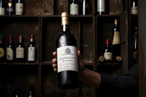 AI generated sommelier gripping a dust covered wine bottle with antiquated label